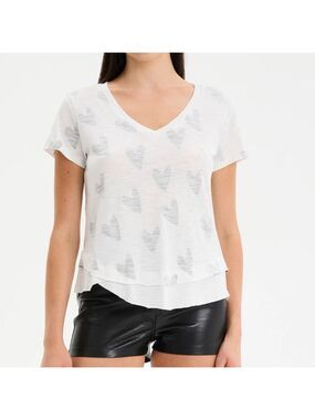 CHRLDR Doodle Hearts Ava v-neck Mock Layer T-shirt white cotton blend sz Xlarge